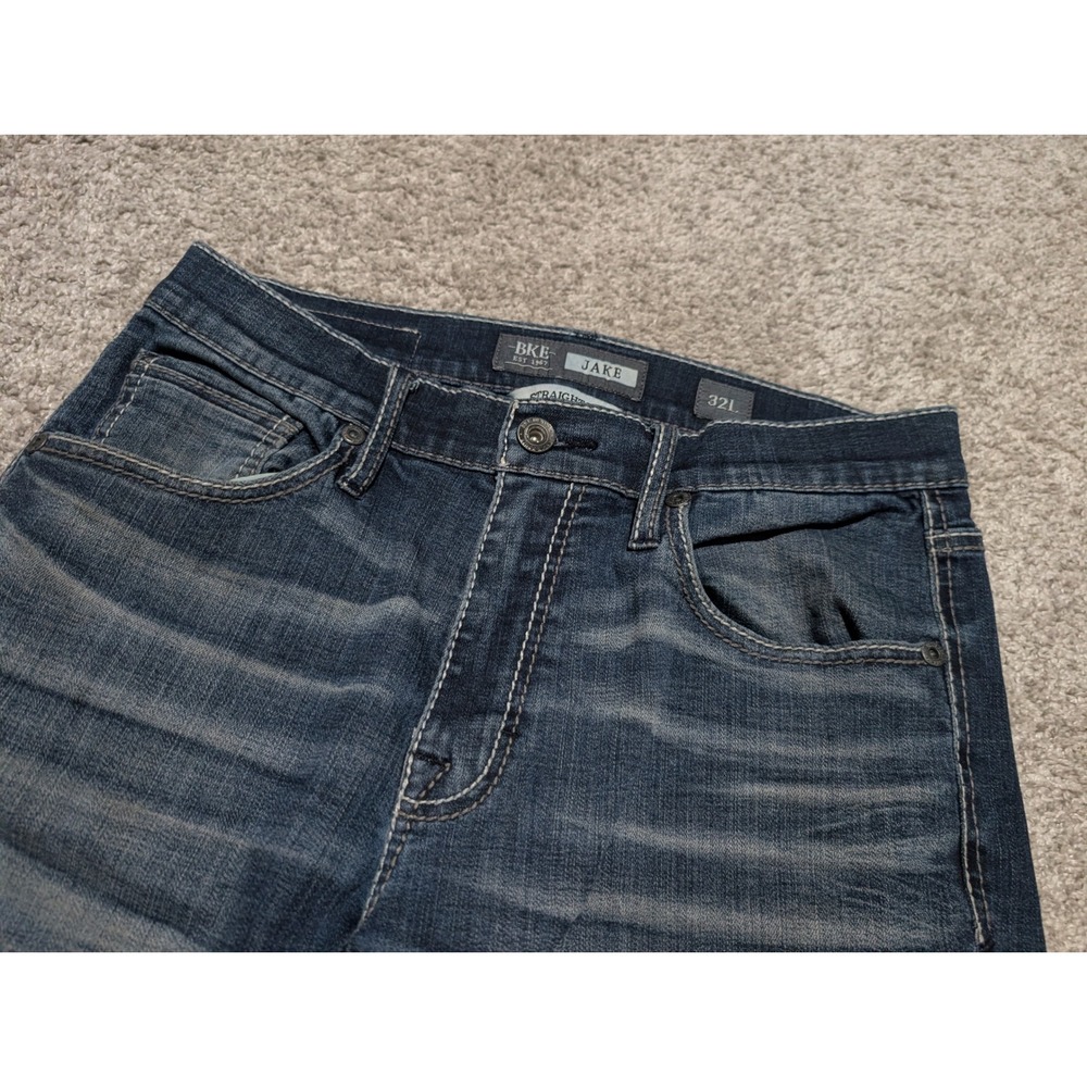 BKE Jeans Mens 32L Blue Jake Straight Leg Stretch Dark Wash Embroidered Casual - Picture 3 of 9